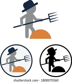 Set of black and white and color icons of the farmer with pitchfork. Simple flat vector symbol of harvesting in the field