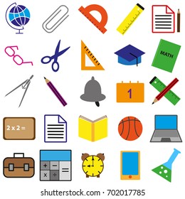 Set of black, white and color school web icons