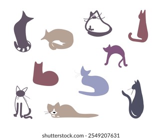 Set of black and white, colored cats. Collection of silhouette of funny cats in different poses.Doodle illustration on a white background