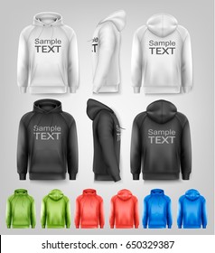 Set of black and white and colorful male hoodies with sample text space. Vector