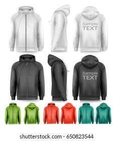 Set of black and white and colorful male hoodies with zipper. Vector