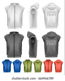 Set of black and white and colorful male hoodies with zipper. Vector