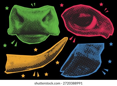 Ein Satz von Schwarz-Weiß mit Farben Hintergrund ausgeschnitten Elemente einer Halbton-Collage. Kuh Tierteile Moo, Auge, Füße, Horn, Huf. Gebrauchsfertige Elemente für Ihre Designs
