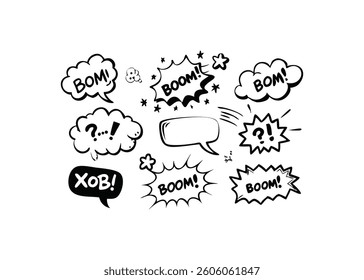 Set of Black and White Comic Book Speech Bubbles
