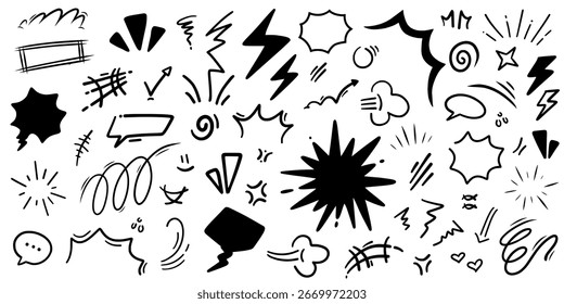 Set schwarz-weißer Comic-Action-Elemente. Handgezeichnete Doodle-Sammlung von Sprechblasen, Explosionen und Blitzen für Manga- oder Pop-Art-Design.