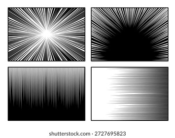 Conjunto de desenhos em quadrinhos preto e branco de linhas de velocidade radial de linhas de sunburst e efeitos de movimento para mangá ou cenas de ação de super-heróis vetores gráficos