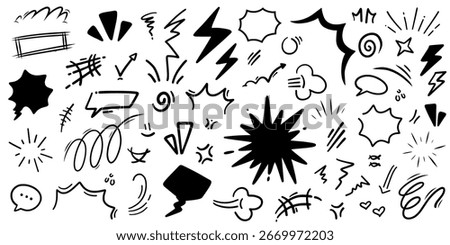 Set of black and white comic book action elements. Hand drawn doodle collection of speech bubbles, explosions, and lightning bolts for manga or pop art design.