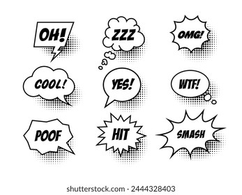 Set of black and white comic speech bubbles with text isolated on a white background. Vector flat illustration.