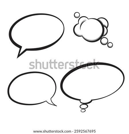 Set of black and white comic speech bubbles with text isolated on a white background. Vector flat illustration