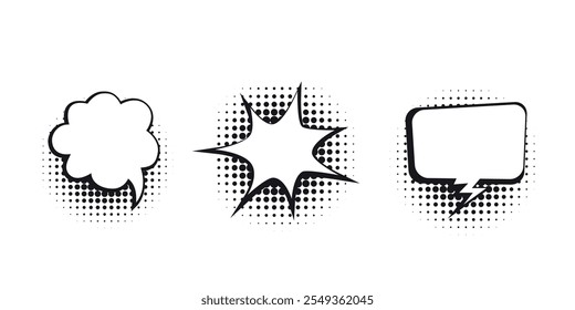 Set of black and white comic-style speech and thought bubbles with halftone effects.