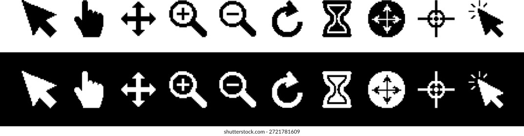 Um conjunto de ícones de computador em preto e branco, incluindo cursores de mouse, ponteiros e outros elementos da interface do usuário em um plano de fundo branco, usado para fins de design e desenvolvimento da Web.