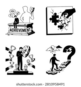 Set of black and white conceptual drawings showing business themes like achievement problem solving success and decision making.