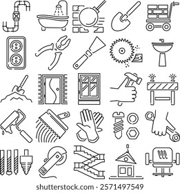 set of black and white construction icons thin line