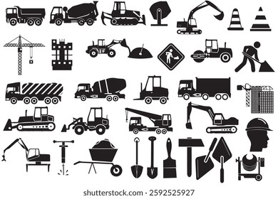 A set of black and white construction vector icons, including heavy machinery, tools, safety equipment, and industrial elements. Perfect for engineering, architecture, and building projects.