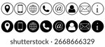 Set of black and white contact icons including phone, email, location, user, web symbols, at the rate and i mark icons. Ideal for websites, apps, business cards, and digital communication.  vector.