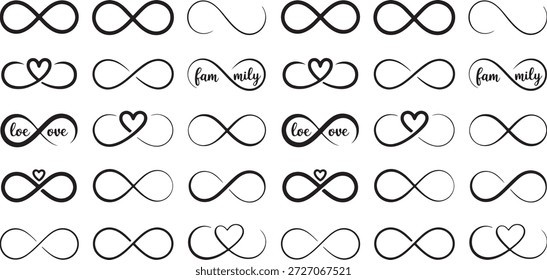 Conjunto de desenhos de linha contínua preto e branco para conceitos de amor infinito