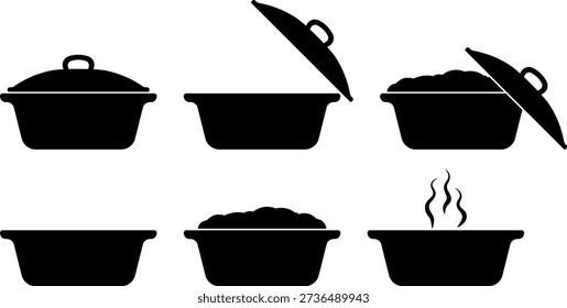 Set of black and white cooking pot icons without background.