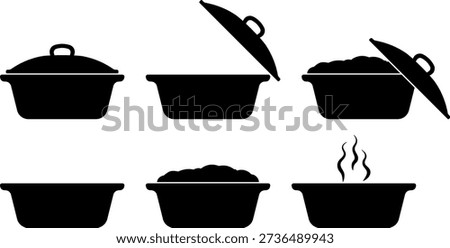 Set of black and white cooking pot icons without background.