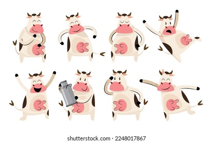 set of black and white cow cartoon character vector illustration	
