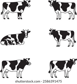 Set of black and white cows silhouettes. Vector illustration isolated on white background.