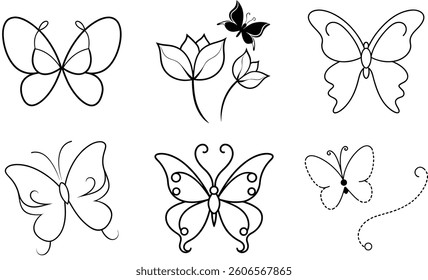 Set of a black and white, creativity, engraving, butterfly line art simple vector design