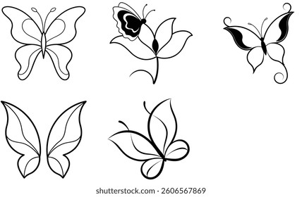 Set of a black and white, creativity, engraving, butterfly line art simple vector design