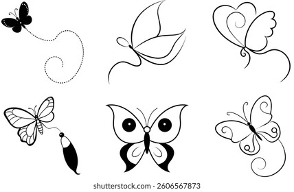Set of a black and white, creativity, engraving, butterfly line art simple vector design