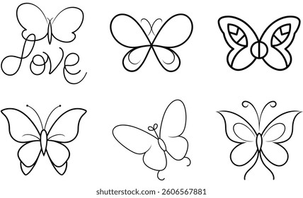 Set of a black and white, creativity, engraving, butterfly line art simple vector design
