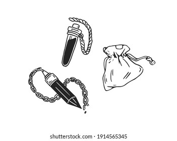 Set aus schwarz-weißem Kristall Amulett, Korkröhre und Tasche mit Zaubertrank und Blut für Zauberei und Hexerei. Esoterische Eigenschaften. Monochrome Vektorgrafik einzeln auf weißem Hintergrund.