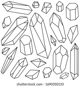 Conjunto de cristales en blanco y negro, dibujo manual de guijarros, elemento mágico, ilustración vectorial