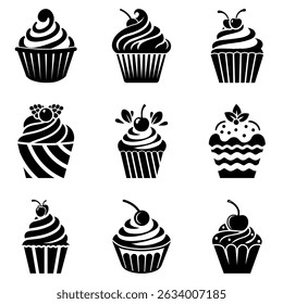 Set of black and white cupcake silhouette icons with decorative frosting, cherries, berries, and swirls, ideal for bakery logo design, dessert shop branding, and vector illustration projects