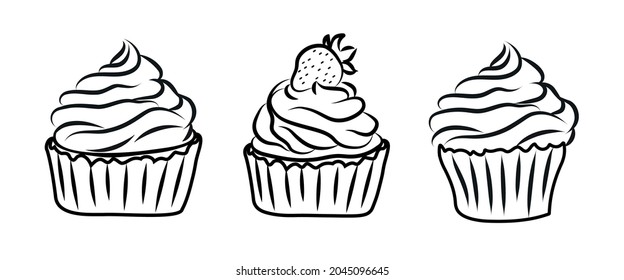 A set of black and white cupcakes, cakes. Three cupcakes with cream, round shape. A clear outline, an image for decoration, coloring books. Vector illustration.