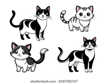 set of black and white cute cats in different poses