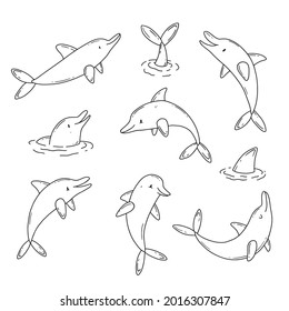 Set of black and white cute dolphins in simple doodle style. Vector illustration.