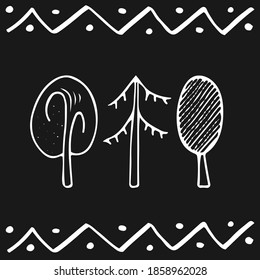 
set of black and white cute scandinavian trees, doodle style illustration for baby card or poster design, postcard template with hand drawn scandi elements