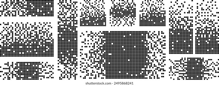 Set schwarz-weißer Verfallshintergründe. Geometrische Pixel-Mosaik-Texturen mit quadratischen Teilchen. Vektorgrafik.