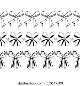 Set of black and white, decorative bows. Ribbons and decorations for gifts. Vector