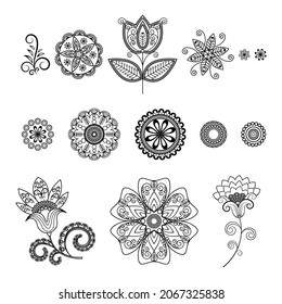 Set of black and white decorative flowers. Vegetable elements icons. Icons, symbols for decoration in oriental style. Buta, zentangle silhouettes for coloring, book decoration and design.