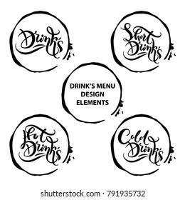 Set with Black and white decorative vector text Short Drinks inside the trace of a mug. For menu design, wine list for restaurants, cafes, bars, lounge bars, cafeterias.