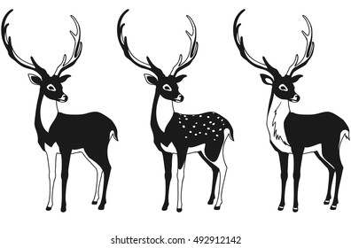 Set of black and white deer for your design. Deer, sika deer and reindeer. Vector illustration, isolation objects.