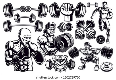 Set Of Black And White Design Elements For Gym, Fitness, Bodybuilding, Isolated On The White Background.