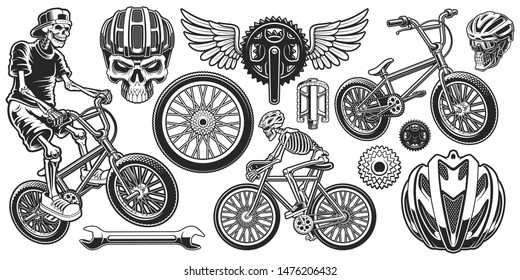 Set of black and white design elements for bicycle theme. Cyclist clip art on the white background.