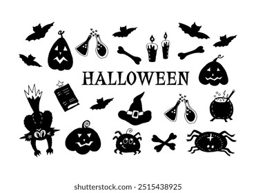 Set schwarz-weißer Designelemente: Spinnen, Kürbisse, Trank, Zauberbuch, Katze, Hut, Knochen, Kerzen, Fledermäuse. Vektorhalloween-Illustration, Symbole