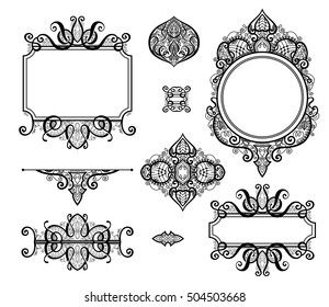set of black white design elements and page decoration - frames, divider, stripe pattern, angle collection, calligraphy vector illustration