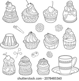 Set with black and white desserts. Cakes, sweets and muffins isolated on white background. Different pastry for coloring book and food design.