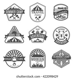 Set of black and white different shaped icons with ribbons and camping types isolated vector illustration