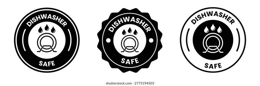 A set of black and white dishwasher safe icons featuring a dish and paw print within a circular label.