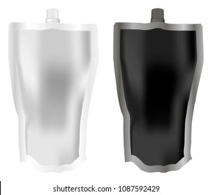 Set of black and white disposable Spout pouch with cap. Realistic eps10 illustration. Sachet for liquid soap, lotion, cream, gel. Plastic packaging mockup for food: jam, marmalade, conserve, sauce.