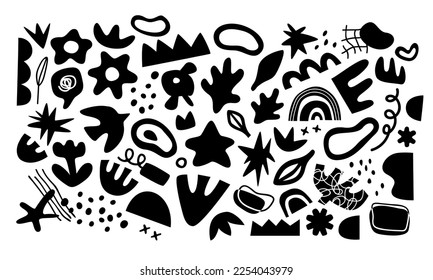 Set of black and white doodle, abstract icons on isolated background. Big element collection, unusual organic shapes in freehand matisse art style. Includes bird, leaf, flower.