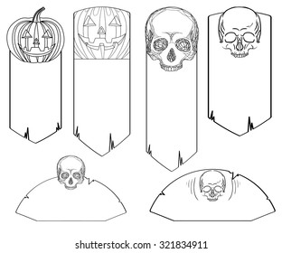 Set of black and white doodle banners with skulls and jack-o-lanterns for your design